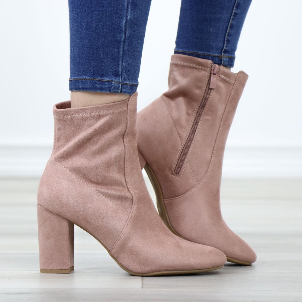 Pointed Toe Pink Faux Suede Block High Heel Above Ankle Boots - Picture 3 of 14